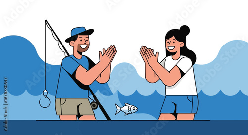 Two people celebrate catching a fish while fishing, a fun outdoor activity