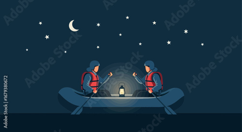 Two People Enjoying Nighttime Boating Under The Stars Beautiful And Calmly