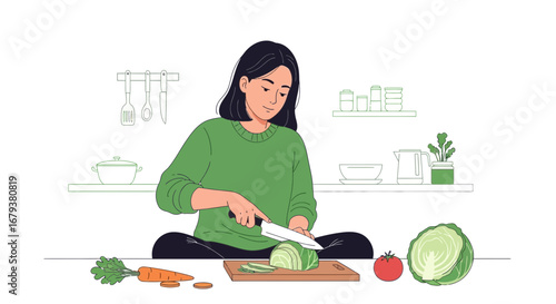 Woman Chopping Fresh Vegetables, Healthy Cooking And Preparing Food In Kitchen
