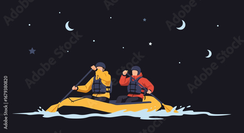Two people river rafting at night under the stars and the moon no comma