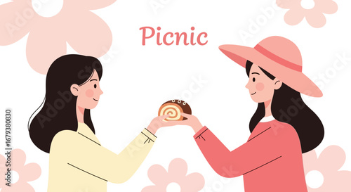 Two people sharing a delightful picnic roll cake outdoors during a beautiful spring day