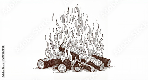 Burning campfire with wooden logs in hand-drawn illustration style
