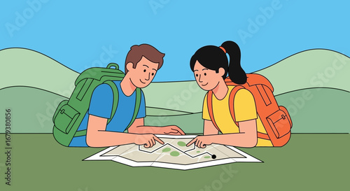 Two People Planning a Hike with a Map in Beautiful Nature Scenery