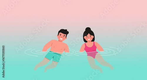 Two people swimming in water, summer vacation scene, couple enjoying the beach