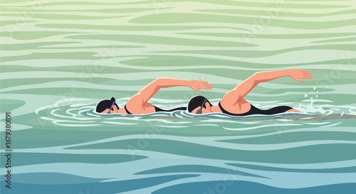 Two Swimmers Competing Across The Water, A Dynamic Illustration Of Athleticism