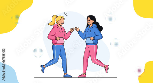 Two women running and giving each other a high five with a welcoming background