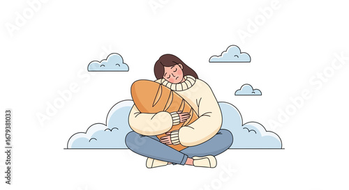 Woman Comforted By Bread In A Peaceful Scene With Fluffy Clouds, Resting Quietly