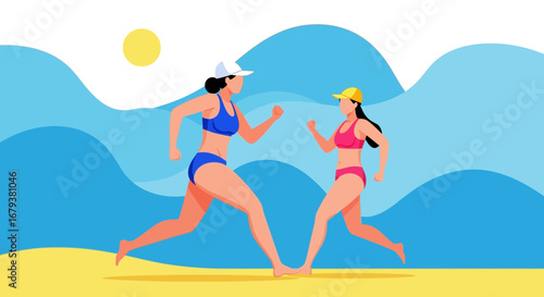 Two women running on the beach in swimwear with a blue sea background