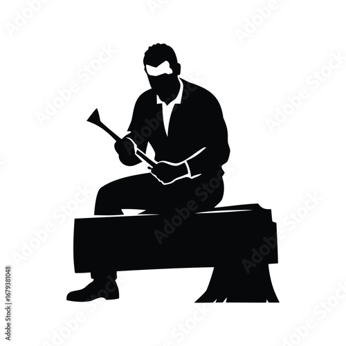 Silhouette of a woodcarver working on a wood stump with tools, carving wood silhouette vector illustration