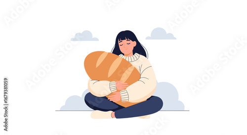 Woman Comforts A Loaf Of Bread Representing A Core Need, Seeking Serenity And Contentment