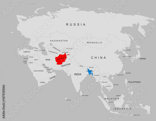 Afghanistan and Bangladesh political map showing borders and regions