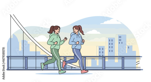 Two women smiling while running on a bridge during a beautiful sunny day