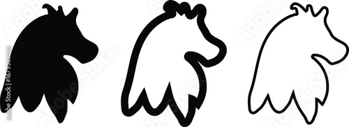 Three Horse Head Silhouettes Solid Outline with Fill and Simple Outline