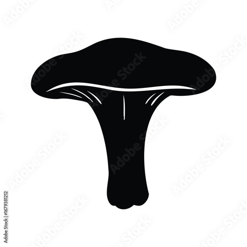 Black silhouette of a chanterelle mushroom with defined gills and stem vector, chanterelle mushroom silhouette vector illustration