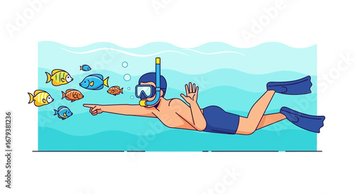 Underwater Adventure Depicting Man Snorkeling with Tropical Fish in an Immersive Scene