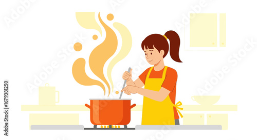 Woman cooking food in a kitchen, illustration of preparation and home-cooked meals concept