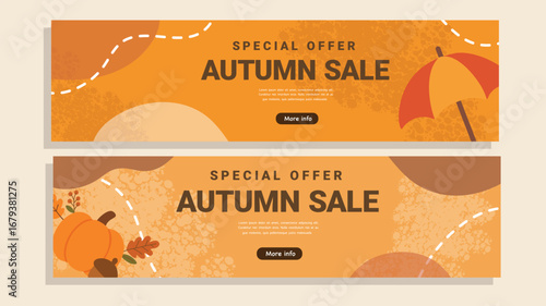 Autumn sale web banners with pumpkins umbrella and seasonal icons