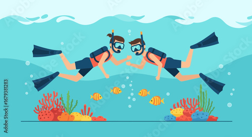 Underwater Adventure: Divers Exploring Tropical Reefs and Sharing Moments of Friendship