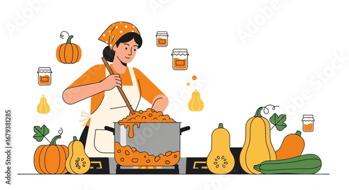 Woman Cooking With Pumpkins And Squash In Vibrant Kitchen, Ready for Autumn Season