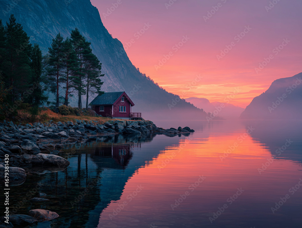 Fototapeta premium Photo of a breathtaking Norwegian fjord at sunset, with dramatic cliffs, calm reflective water, and a small red wooden cabin near the shore