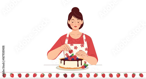 Woman Crafting Delicious Dessert Decorating Berry Cake With Creative Style