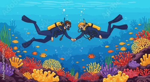 Underwater Couple Exploring Marine Life, Holding Hands, Aquatic Adventure Illustration