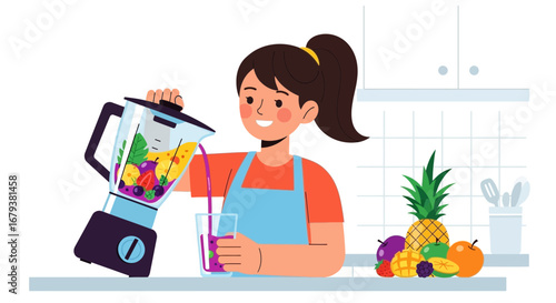 Woman Crafting Refreshing Fruit Smoothie In Kitchen With Delicious Fresh Ingredients.