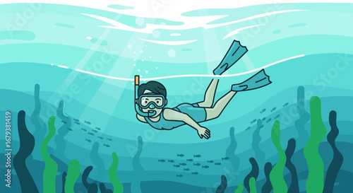Underwater Diver Enjoying Oceanic Realm With Goggles, Fins, And Snorkel At Summer