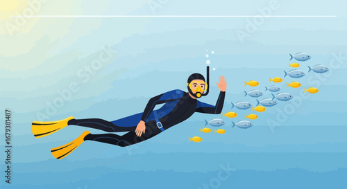 Underwater Diver Enthusiastically Greeting Aquatic Creatures Swimming in Ocean Depths