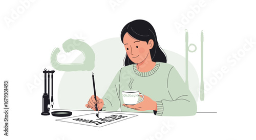 Woman Creates Artistic Composition, Enjoying Beverage While Doing Creative Calligraphy