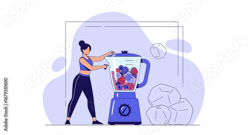 Woman Creating Berry Smoothie in a Blender for Daily Fitness, Healthy Lifestyle