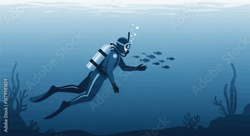 Underwater Encounter: A Diver Interacts With Small Fish In Oceanic Depths