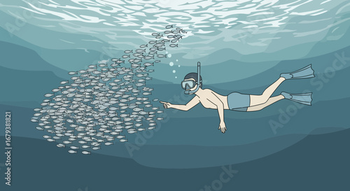 Underwater Encounter, A Scuba Diver Interacting with A School Of Fish, Exploring the Deep