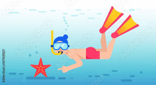 Underwater Exploration: A Cartoon Diver Interacting With A Vivid Orange Sea Star