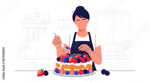 Woman Decoraing Delicious Cake with Berries in Modern Kitchen with Elegant Details