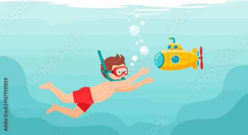Underwater Exploration: A Child's Journey with a Yellow Submarine and Bubbles