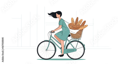 Woman Cycling With Baskets Of Bread On Back, Going Away After Shopping In City