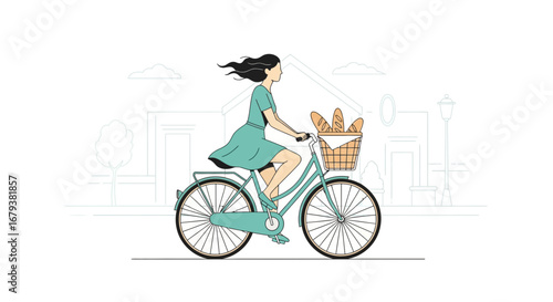 Woman Cycling With Baskets of Bread Through Village In Simple Art Style