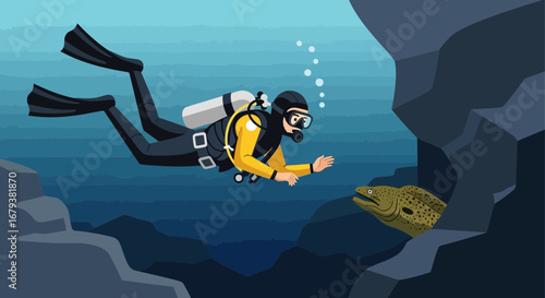 Underwater Exploration: A Diver And a Moray Eel Encountering in the Deep Blue Sea