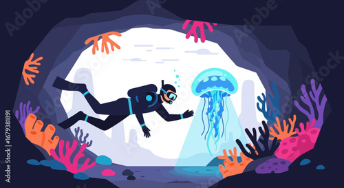 Underwater Exploration: A Diver Interacting With a Mesmerizing Illuminated Jellyfish