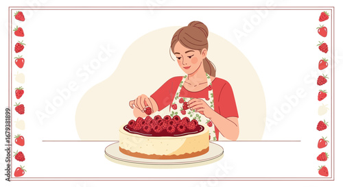 Woman Decorating a Delicious Cake with Fresh Berries in a Charming Illustration