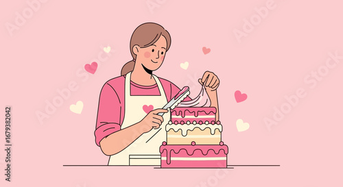 Woman Decorating Delicious Layered Cake with Cream and Love Symbol Background Design