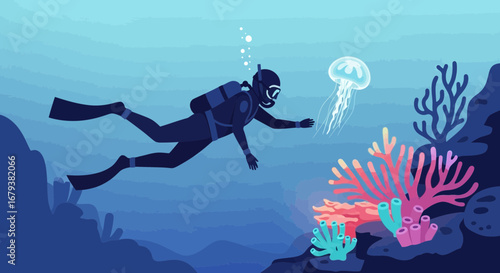 Underwater Exploration: Diver Interacting With Jellyfish Near Coral Reef Ecosystem