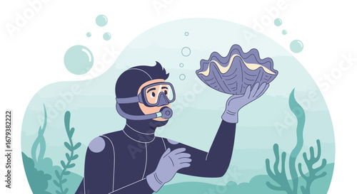 Underwater Explorer Discovering A Huge Seashell Amidst Submerged Aquatic Flora