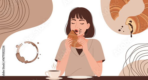 Woman Delights In Consuming Fresh Croissant With A Coffee In The Morning