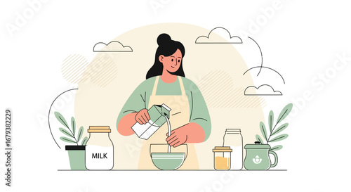 Woman Diligently Pours Milk Into A Bowl, Preparing For A New Culinary Creation Process