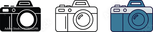 Three stylized camera icons in black, white, and blue offer diverse visual options for photography themes.