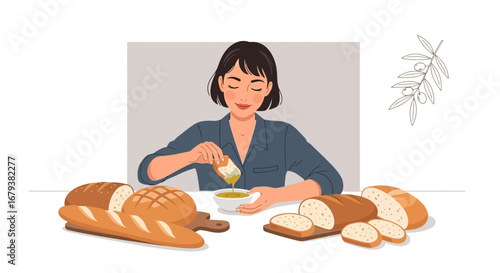 Woman Dipping Freshly Baked Bread into Olive Oil, Enjoying a Culinary Moment