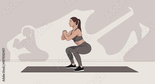 Woman doing squat exercise inside, fitness workout concept simple illustration