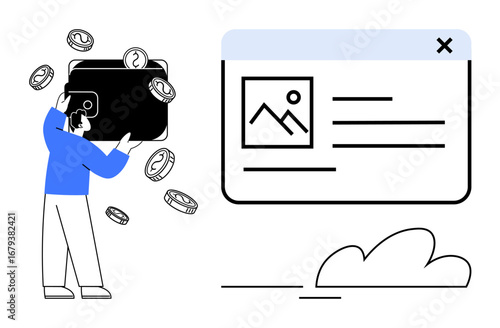 Man interacting with oversized digital wallet as coins surround him, next to a webpage with an image placeholder and text. Ideal for finance, e-commerce, technology, online payment, user interface